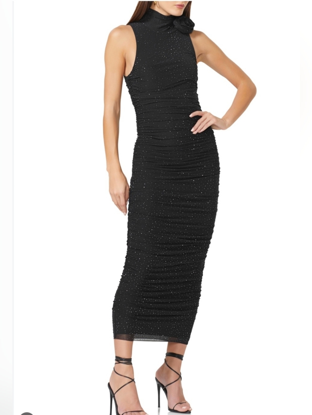 AFRM Fiorella Rhinestone Mesh Ruched Maxi Dress Large Sparkly Evening Party
